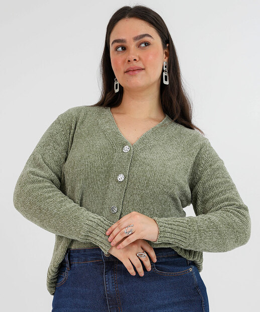 Image_Cardigan Plus Size Feminino Chenille Botões Marisa Verde
