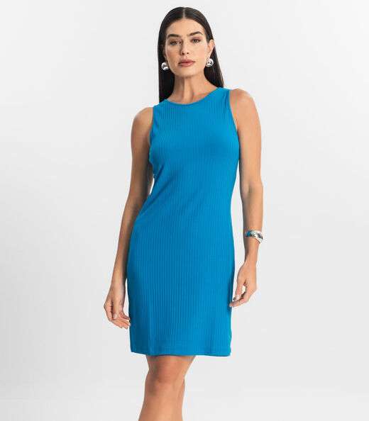 Vestido Curto Em Ribana Canelada Rovitex Azul