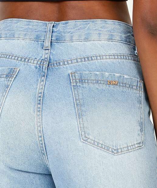 Calça Reta Feminina Bolsos Amarração Zune Jeans