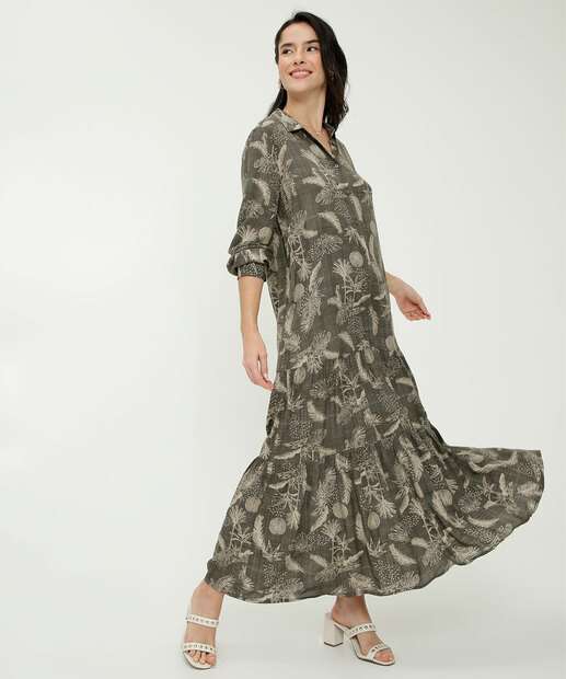 Vestido Longo Feminino Chemise Folhas Marisa