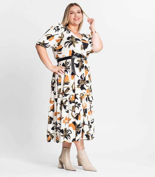 Vestido Midi Estampado Plus Size Secret Glam Bege