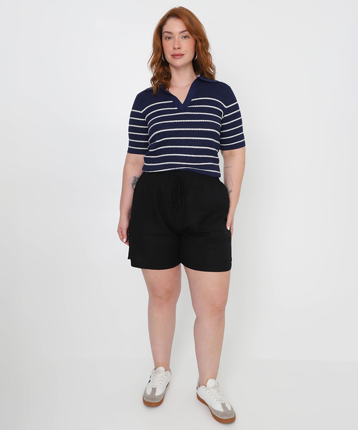 Blusa Polo Plus Size Feminina Tricot Marisa Azul