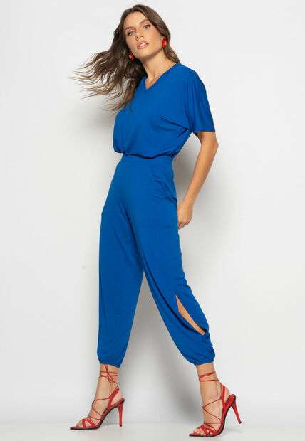 Conjunto Blusa Ampla Gola V e Calça Jogger Fenda Malha Azul Royal Salvatore
