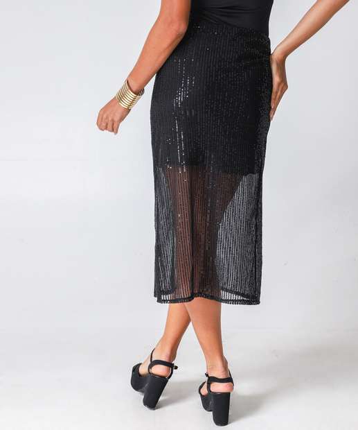 Saia Feminina Midi Reta Paetês Marisa Preta