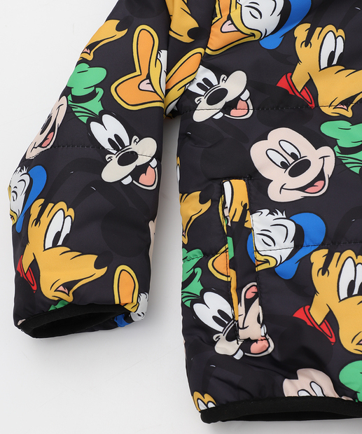 Jaqueta Infantil Puffer Capuz Mickey E Amigos Tam 1 a 3 Preto