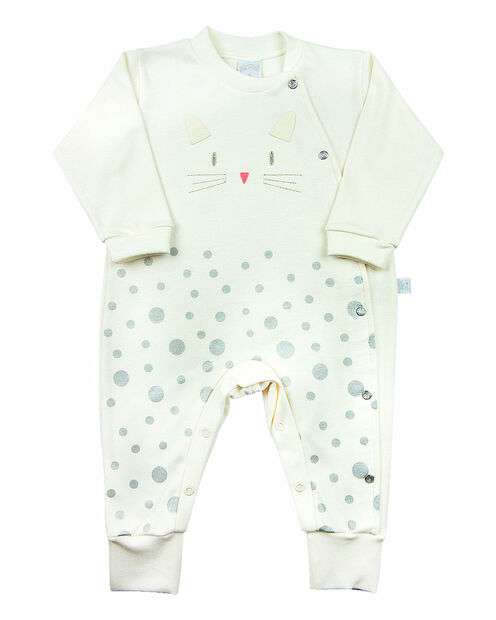 Macacão Bebê Suedine Gatinho com Bolinhas - Natural