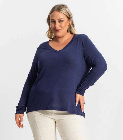 Blusa Manga Longa Visco Tricot Secret Glam Azul