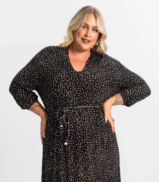 Vestido Midi Plus Manga 7/8 Secret Glam Preto