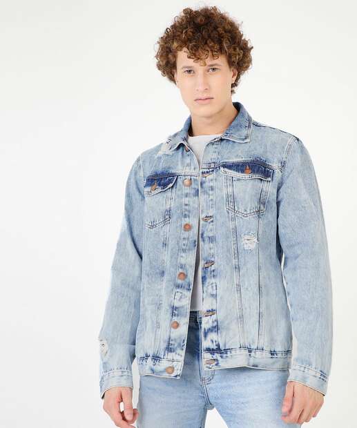 Jaqueta Masculina Jeans Destroyed Estampa Frase MR