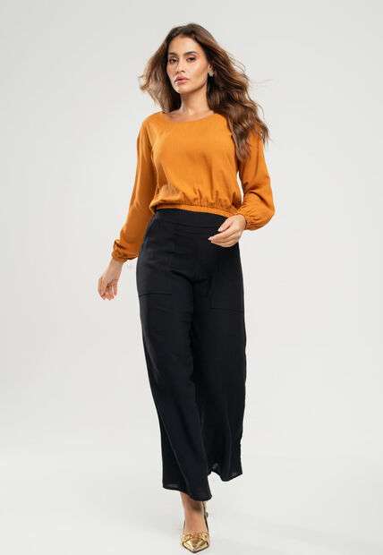 Calça Pantalona Com Bolso Viscolinho Preto Salvatore Fashion