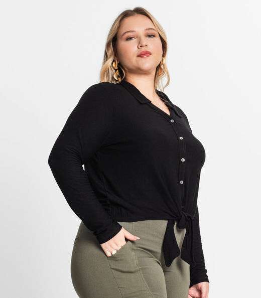 Camisa Feminina Plus Size Em Viscose Secret Glam Preto