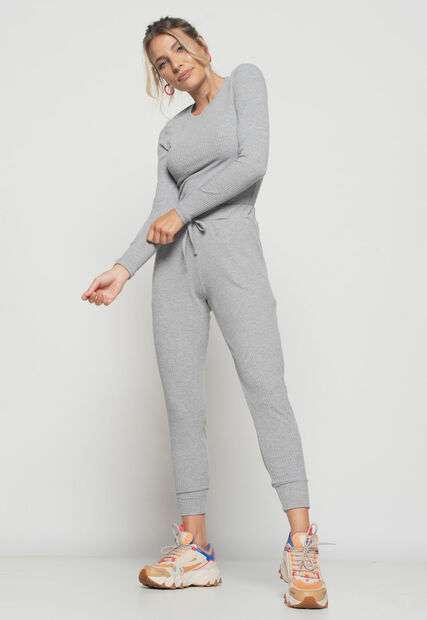 Blusa  Básica Manga Longa e Gola Redonda Canelada Mescla