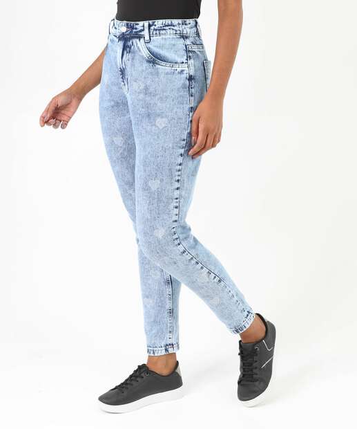 Calça Mom Jeans Strass Bolsos Azul