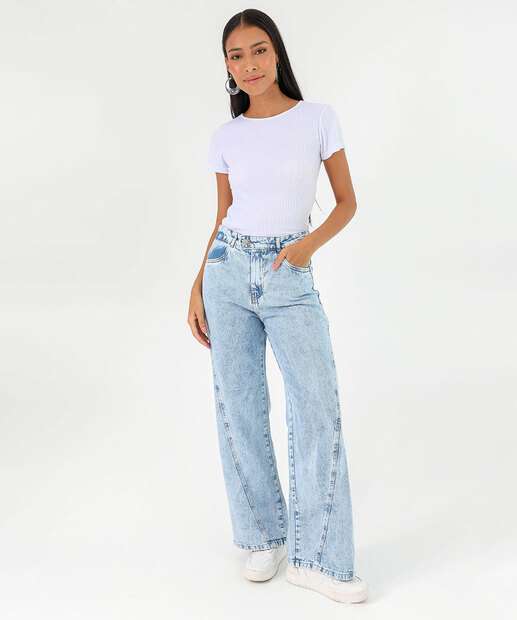 Image_Calça Jeans Wide Leg Marmorizada Bolsos Feminina Azul
