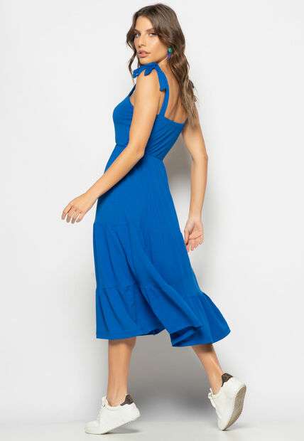 Vestido Midi Babado Com Alça Amarração Malha Azul Salvatore