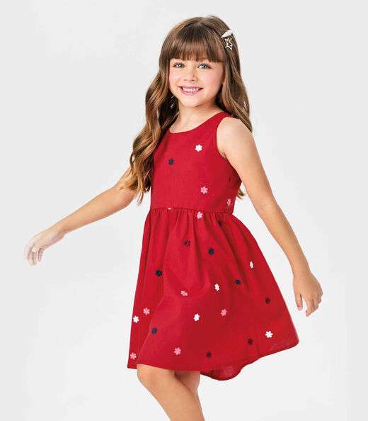 Vestido Tricoline Bordado Florzinhas Trick Nick Vermelho