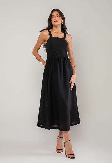 Image_Vestido Alfaiataria Midi Com Alças Largas e Amarração Preto Salvatore