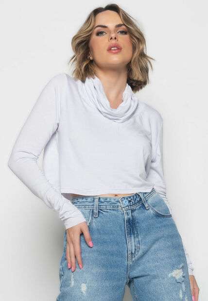 Cropped Golão Manga Longa Malha  Fashion Branco