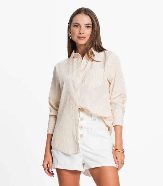 Camisa Feminina Risca Giz Com Bolso Loverly Bege