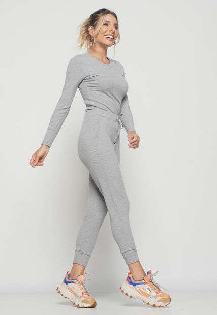 Blusa  Básica Manga Longa e Gola Redonda Canelada Mescla