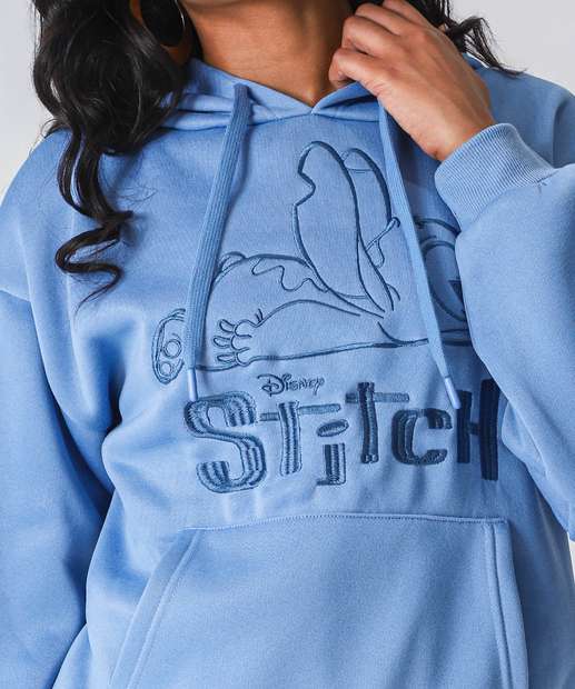 Blusão Feminino Moletom Bordado Stitch Azul