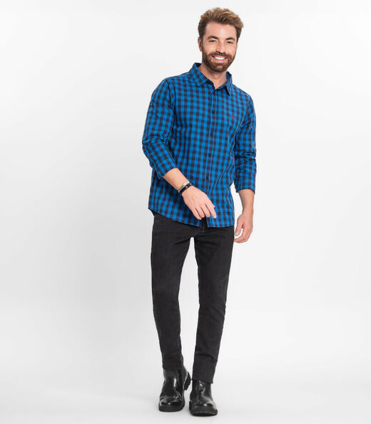 Camisa Masculina Manga Longa Xadrez Diametro Azul