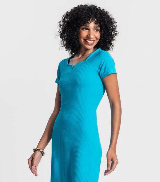 Vestido Midi Em Ribana Canelada Rovitex Azul