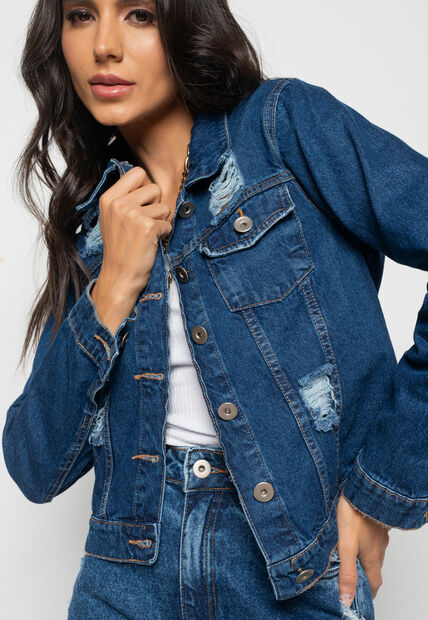 Jaqueta Jeans Escura Com Rasgos Salvatore Fashion
