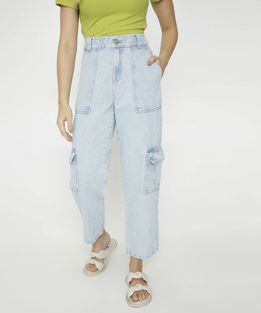 Calça Jeans Wide Leg Pantalona Feminina Cargo Marisa