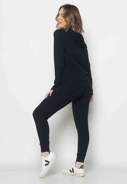 Conjunto  Comfy Com Casaco e Jogger Canelado Preto Salvatore Fashion