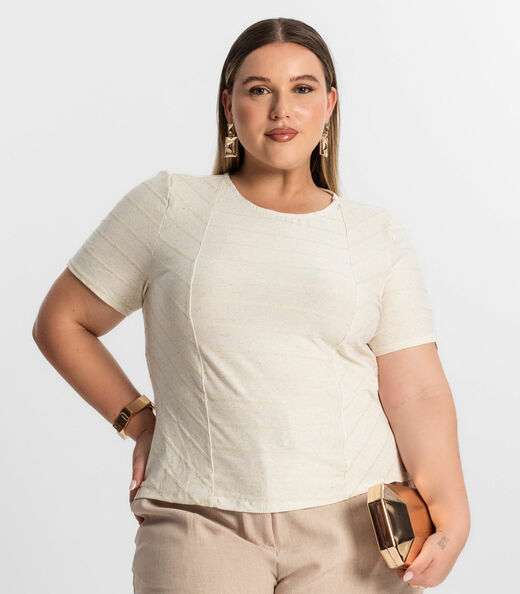 Blusa Plus Size Com Listras Secret Glam Bege