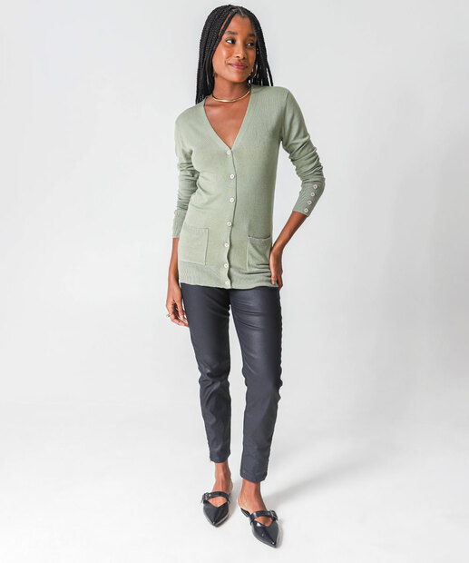 Cardigan Feminino Tricô Alongado Bolsos Marisa Verde