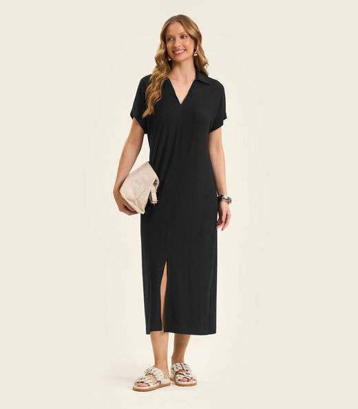 Vestido Midi em Visco Creponada Rovitex Preto
