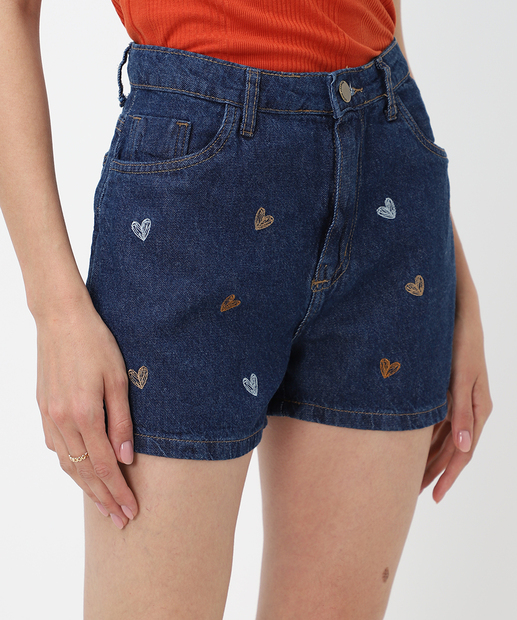 Short Jeans Feminino Bordado Coração Azul