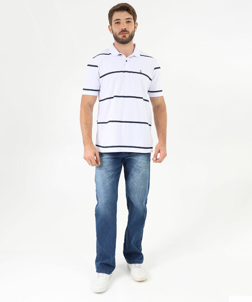Polo Masculina Piquet Listrada Manga Curta MR Branco