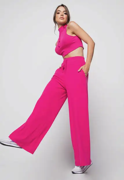 Calça  Wide Leg Malha Canelada Pink Salvatore Fashion