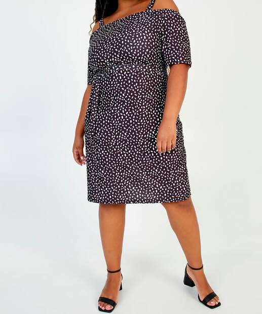 Vestido Plus Size Feminino Viscolycra Open Shoulder Estampado