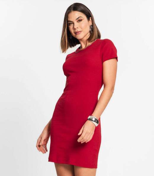 Vestido Acinturado Em Ribana Canelada Rovitex Vermelho