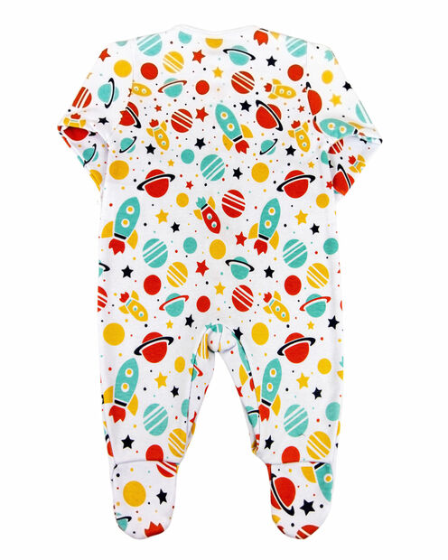 Macacão Bebê Suedine Longo Estampado Foguetes - Branco