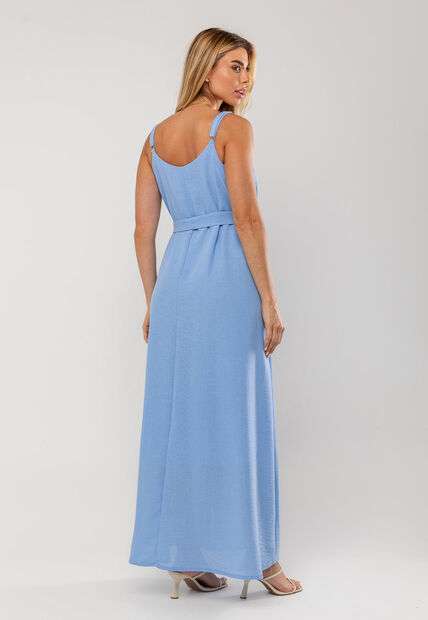 Vestido Longo Com Faixa Na Cintura Azul Salvatore