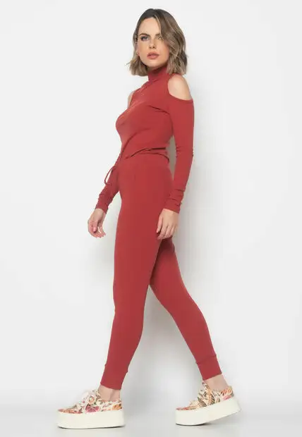 Conjunto Comfy Com Blusa Ombro Vazado M/L e Jogger Canelada Terracota Salvatore