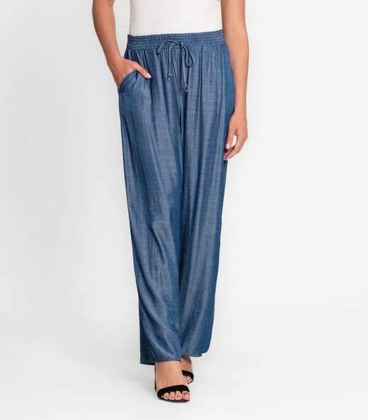 Calça Pantalona Com Cordão Em Liocel Rovitex Azul