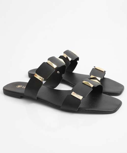 Rasteirinha Feminina Tiras Tachas Via Uno Preto 