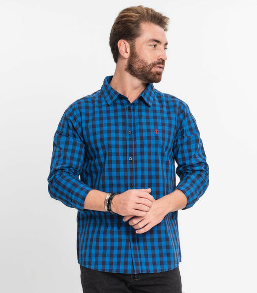 Camisa Masculina Manga Longa Xadrez Diametro Azul