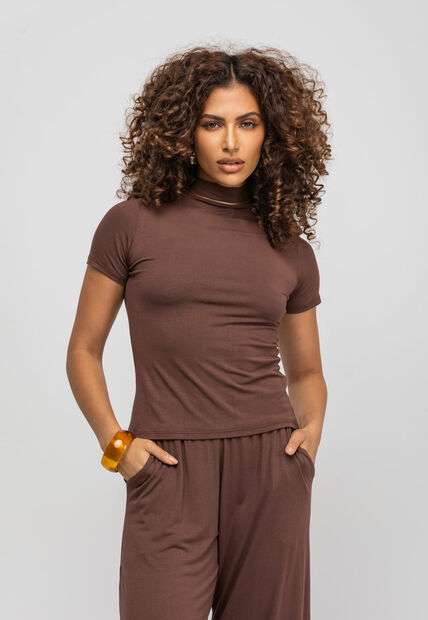 Image_Blusa Gola Alta Manga Curta Malha Marrom Salvatore Fashion