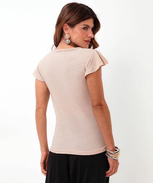 Blusa Feminina Textura Listras Babado Marisa Bege