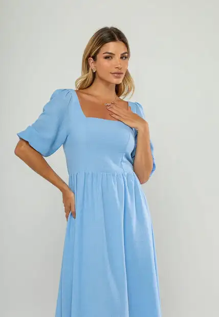 Vestido Longo Com Decote Reto E Manga Bufante 3/4 Azul Salvatore