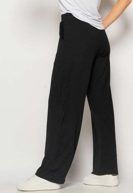 Calça Wide Leg Com Bolso Malha Preto Salvatore Fashion