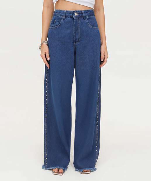Calça Jeans Wide Leg Feminina Tachas Marisa
