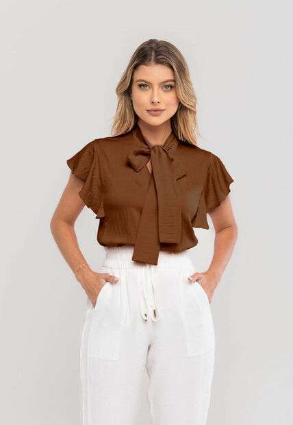 Image_Blusa Feminina Com Laço na Gola e Manga Babado Marrom Salvatore